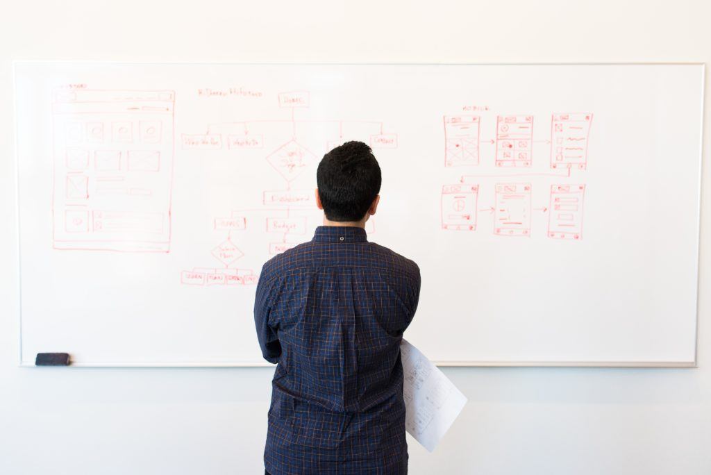 person standing by a whiteboard