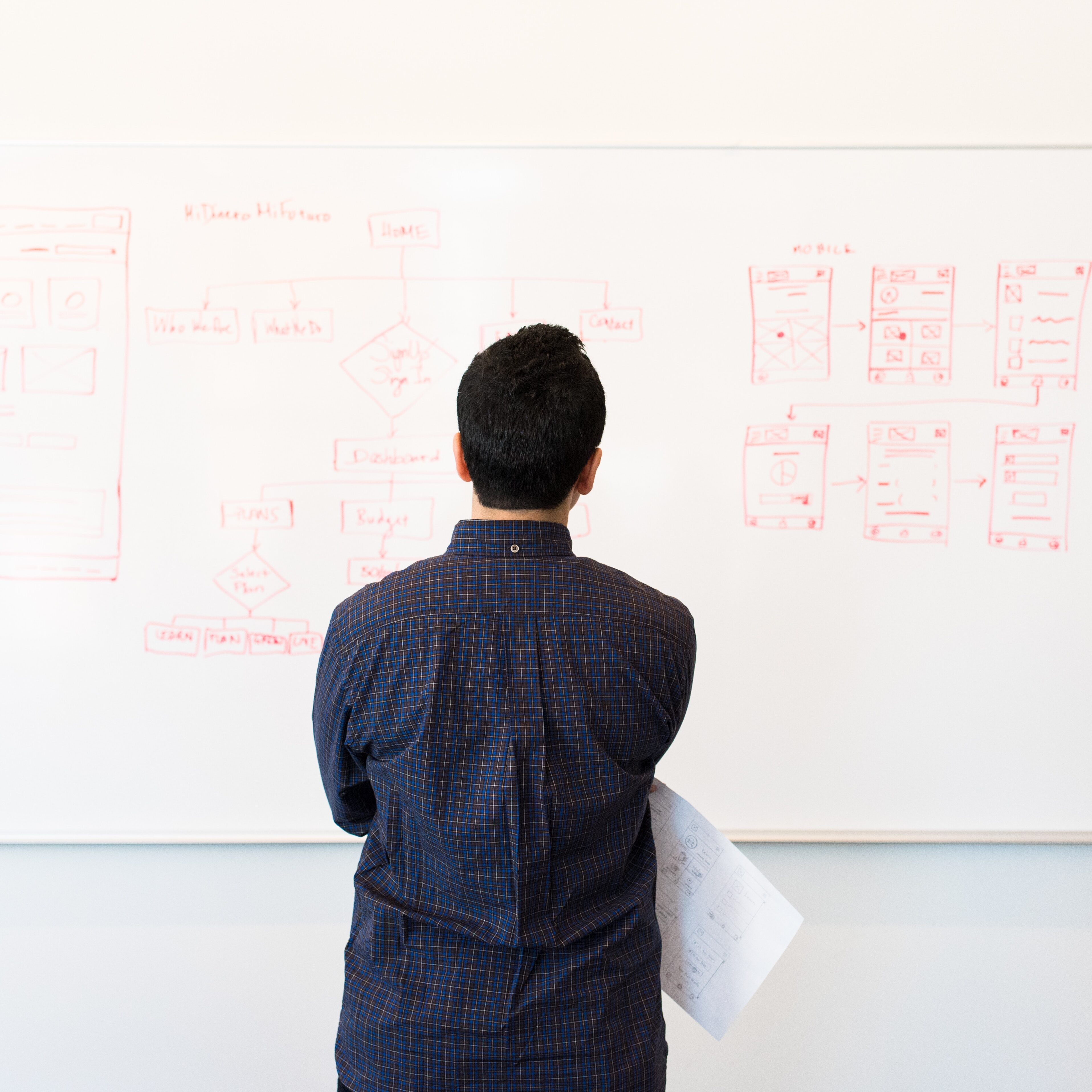 adult-back-view-business-1181345 person standing by a whiteboard