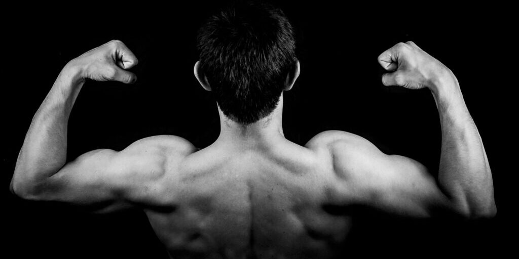 man's-upper-torso-seen from behind-flexing-strong-muscles